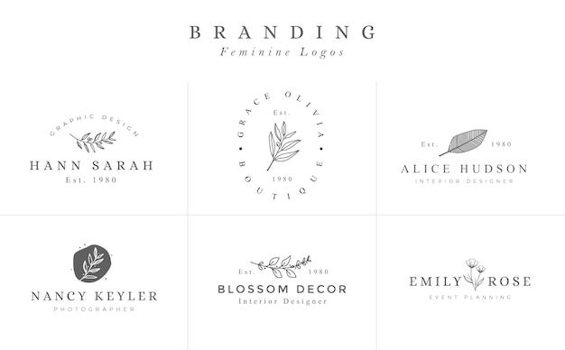 Satz hand gezeichnete weibliche vektor-zeichen oder logo Premium Vektoren