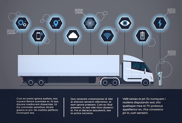 Satz infographic elemente mit dem modernen halb lkw-anhänger, der an der elektrischen ladegerät-station auflädt Premium Vektoren