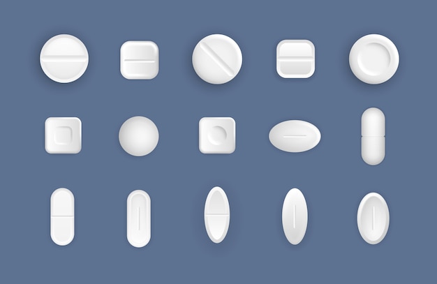 Satz Medizinische Weisse Pillen Flache Und Konvexe Tablets Im 3d Stil Medikamente Sind Runde Weisse Medikamente Aspirin Antibiotika Vitamine Und Schmerzmittel Das Konzept Von Medizin Und Gesundheitswesen Premium Vektor