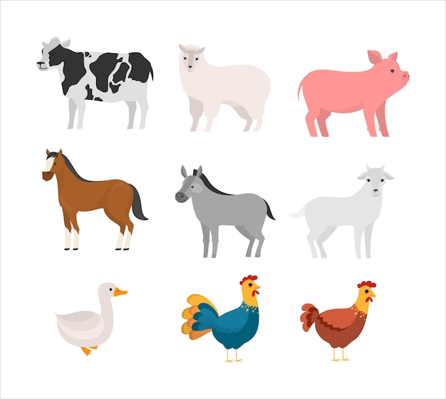 Satz Nutztier Sammlung Von Niedlichen Haustier Tier Kuh Und Pferd Schwein Und Gans Illustration Premium Vektor