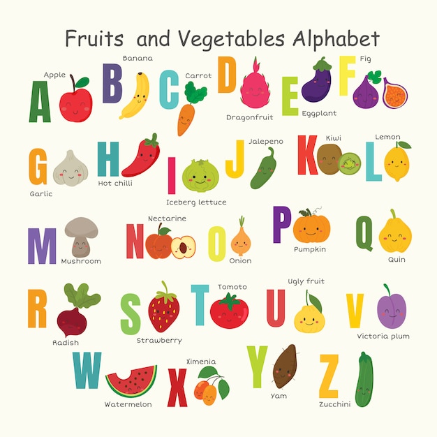 Satz von gemüse und obst alphabet. PremiumVektor