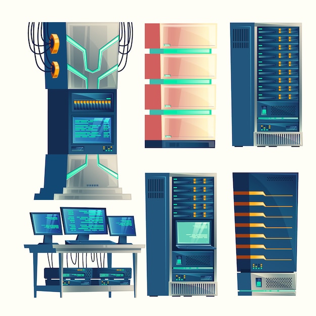 Satz von verschiedenen cartoon-kontrollraum, server-racks, datenbank