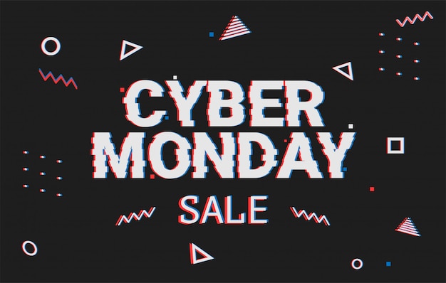 Schablonengeometrische netzfahne für cyber-montag-angebot. promotion-design im glitch-stil mit geometrischen partikel für den cyber-verkauf. memphis panne. 8-bit-pixel-art-stil. Premium Vektoren