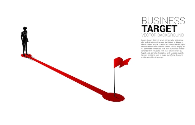 Schattenbild Des Geschaftsmannes Der Auf Dem Wegweg Zur Roten Fahne Am Ziel Steht Konzept Von Menschen Die Bereit Sind Karriere Und Geschaft Zum Erfolg Zu Fuhren Premium Vektor