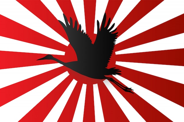 Schattenbild Des Japanischen Kranes Oninesischen Hintergrund Der Marineflagge Roten Aufgehende Sonne Fliegend Premium Vektor