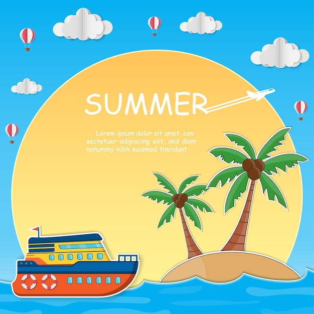 Schiff und kokosnussbaum mit meer in der sommerzeit. Premium Vektoren