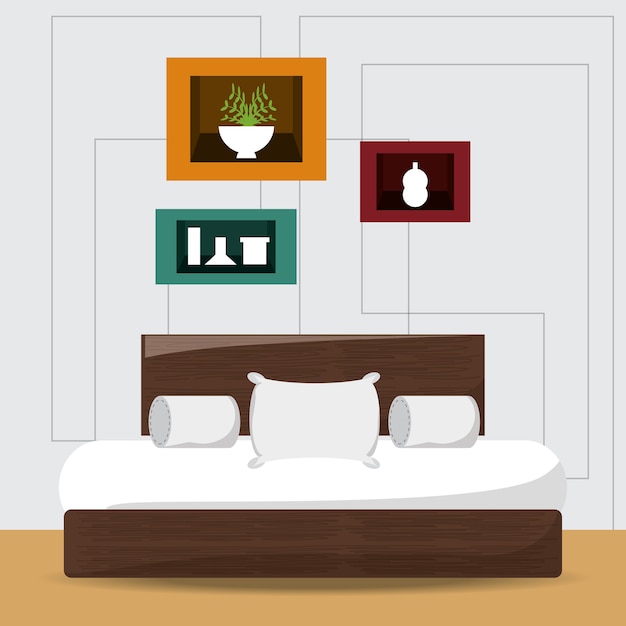 Schlafzimmer Mit Bett Und Dekorativen Objekten Symbol Buntes Design Premium Vektor