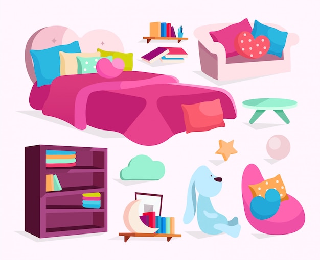 Schlafzimmermobel Illustrationen Gesetzt Madchenhaftes Bett Sofa Sessel Mit Kissenaufklebern Cliparts Pack Premium Vektor