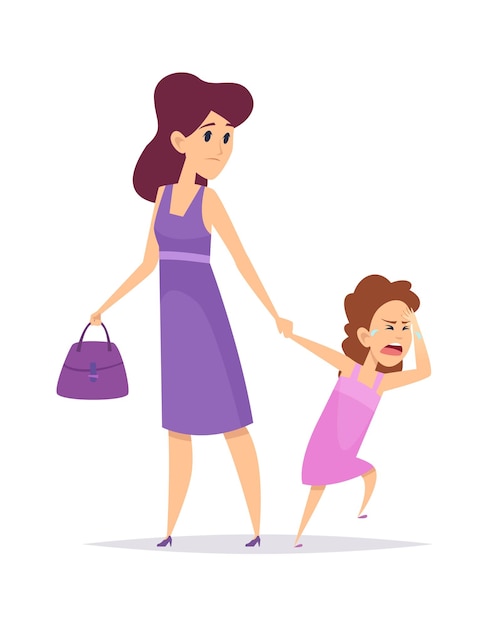Schlechtes Benehmen Kleines Madchen Weint Isolierte Mutter Und Tochter Cartoon Verwirrte Frau Und Kind Traurige Weibliche Vektorillustration Verhalten Madchen Unglucklich Konflikt Mutter Und Tochter Premium Vektor