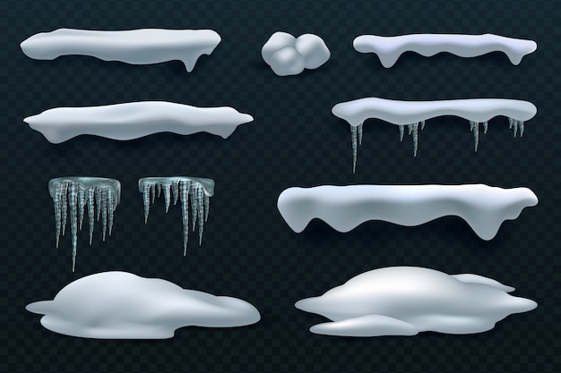 Schneekappen und eiszapfen. schneeball- und schneeverwehungsvektorwinterdekorationen Premium Vektoren
