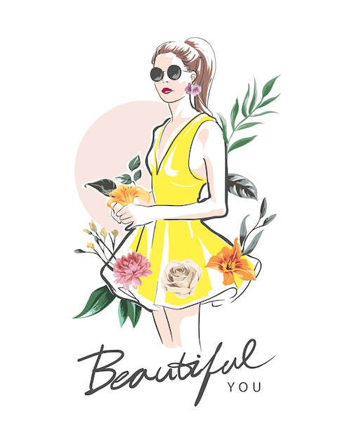 Schon Sie Slogan Mit Madchen Hand Gezeichnet Und Bunte Blumen Illustration Premium Vektor