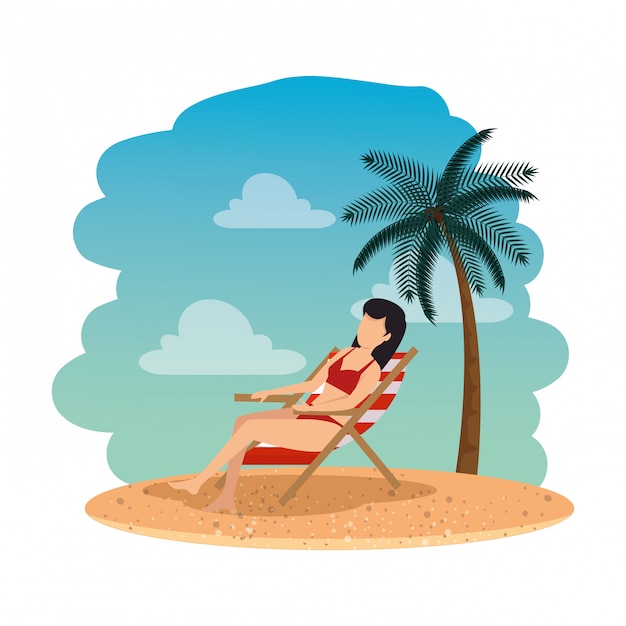 Schöne frau mit badeanzug im liegestuhl am strand sitzen PremiumVektor