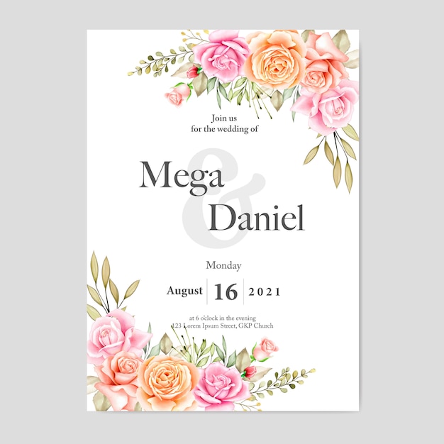 Schöne hochzeitskarte mit aquarell blumen und blätter Premium Vektoren