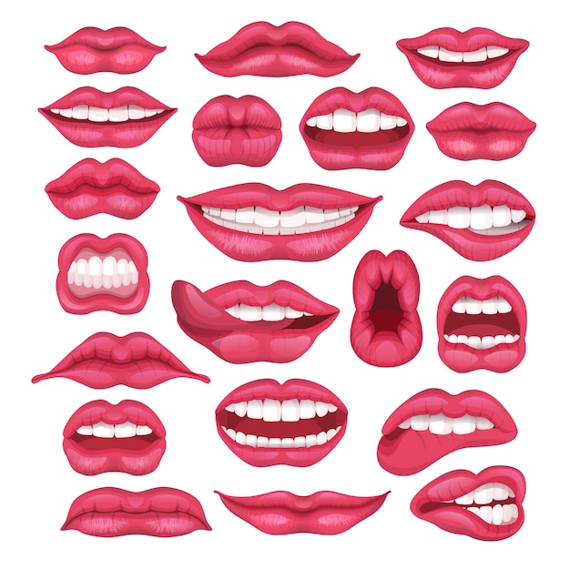 Schone Rote Lippen Des Lippenvektorkarikatur In Kuss Oder Lacheln Und Mode Lippenstift Und Mund Kussen Schon Am Valentinstag Set Illustration Isoliert Premium Vektor