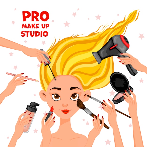 Beauty elements with female face and hands with cosmetics. Premium Vector