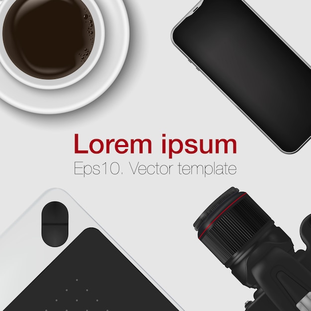Schreibtischtabelle mit grafischer tablette, kaffeetasse, professioneller dslr-kamera und telefon. ansicht von oben Premium Vektoren