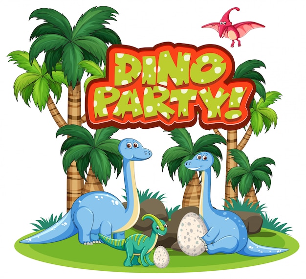 Schriftdesign Fur Wort Dino Party Mit Dinosauriern Im Dschungel Kostenlose Vektor