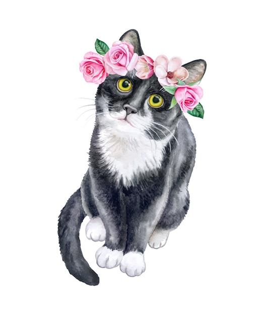 Schwarze Katze In Einem Blumenkranz Krone Mit Rosen Aquarell Premium Vektor