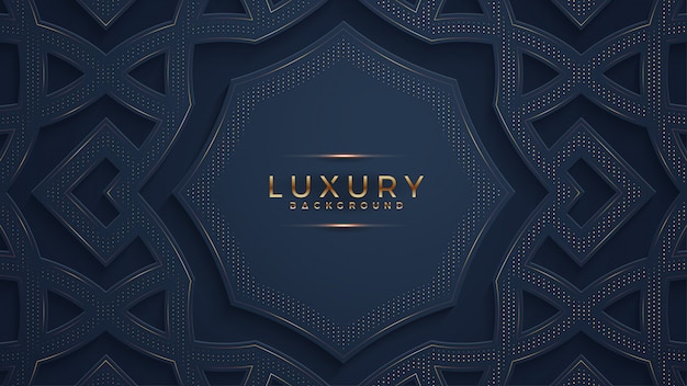 Schwarzer luxushintergrund mit einer kombination, die goldene punkte mit art 3d glüht. Premium Vektoren
