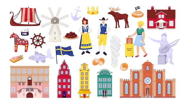 Schweden Symbole Die Mit Stockholmer Stadtgebauden Sehenswurdigkeiten Und Wahrzeichen Gesetzt Werden Schwenken Leuteillustrationen Skandinavische Kultur Nordisches Schiff Karte Und Flagge Reisesouvenirs Premium Vektor