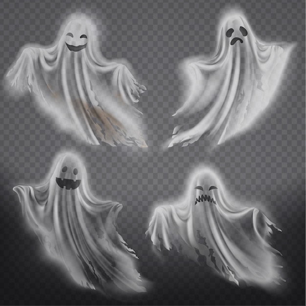 Set durchscheinende geister - glücklich, traurig oder wütend, lächelnd phantom-silhouetten Kostenlosen Vektoren