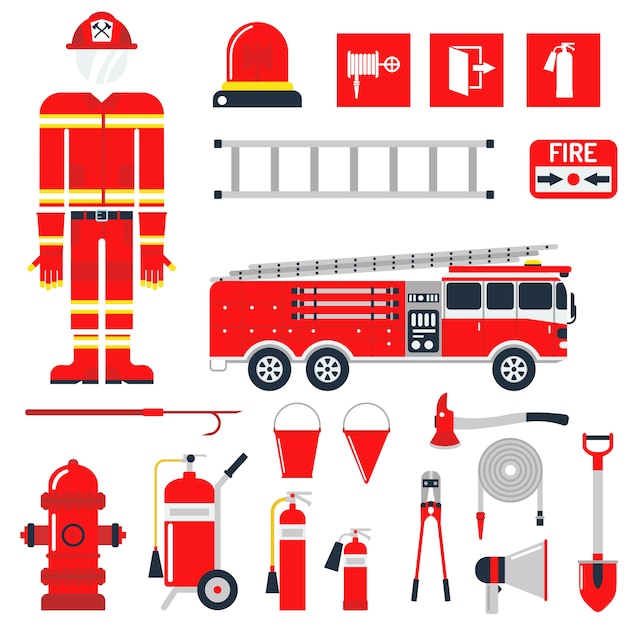 Set Feuerwehrmann Brandschutz Flache Icons Und Symbole Premium Vektor