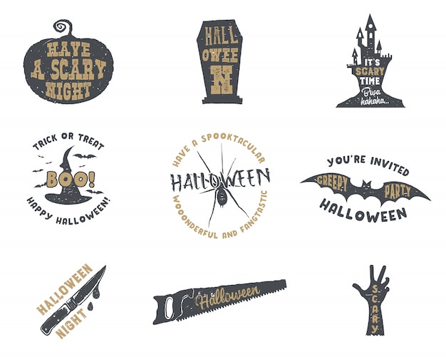 Set halloween-schattenbildabzeichen. vintage hand gezeichnetes halloween-parteilogodesign für das feiern des feiertags. Premium Vektoren