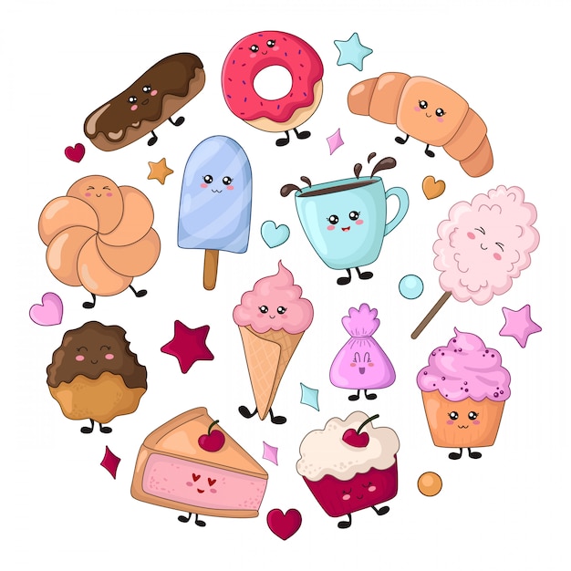 Set kawaii essen süßigkeiten oder desserts, zeichen PremiumVektor