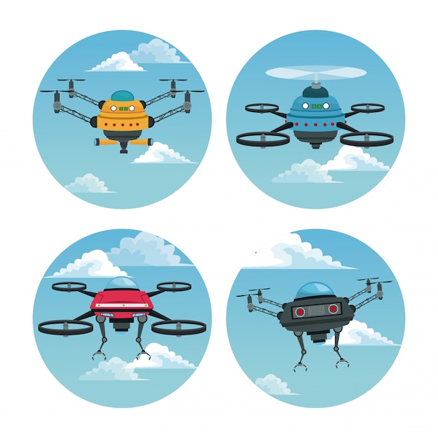 Set Kreisformigen Rahmen Mit Himmel Landschaft Szene Und Roboter Drohne Mit Luftschraube Premium Vektor