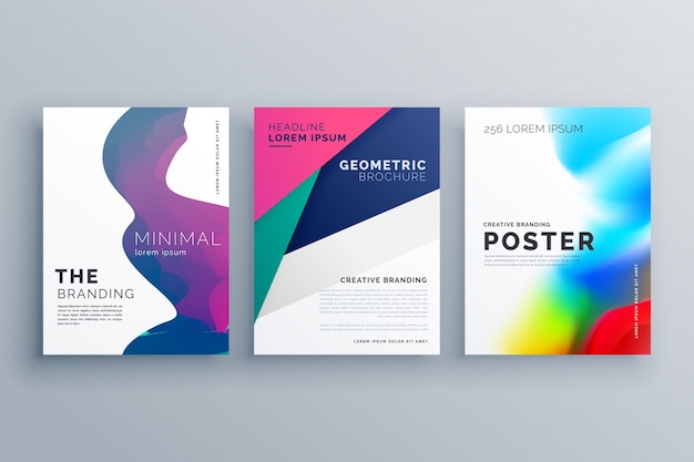 Set Von Minimalen Prospekt Vorlage Prospekt Flyer Design In Grosse Mit Geometrischen Formen Und Flussigkeit Farben Gemacht Kostenlose Vektor