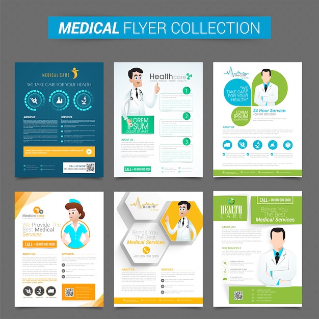 Set von sechs kreativen Flyern oder Template Design für Health and Medical Konzept Kostenlose Vektoren Set von sechs kreativen Flyern oder Template Design für Health and Medical Konzept Kostenlose Vektoren