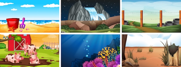 Set von tag, nacht und unterwasserszenen oder hintergrund Kostenlosen Vektoren