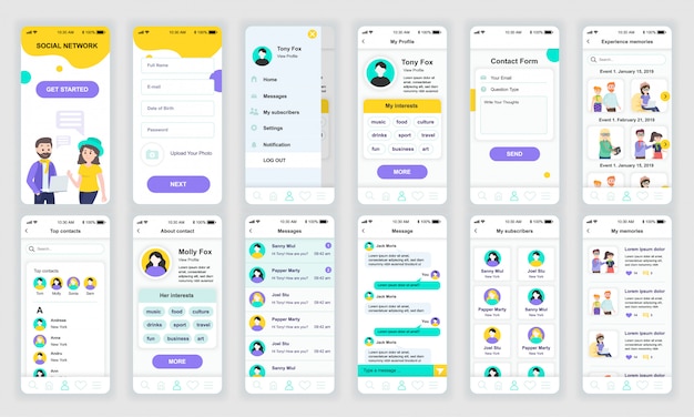 Set von ui, ux, gui-bildschirmen app für soziales netzwerk flach Premium Vektoren