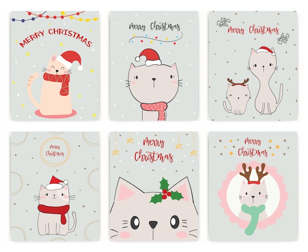 Set Weihnachtskarte Susse Katze Premium Vektor