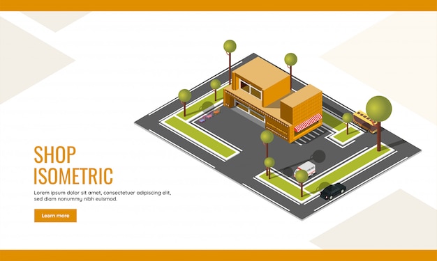Shoplandungsseite oder netzplakatdesign mit draufsicht des isometrischen supermarktgeschäftsgebäudes und des fahrzeugparkplatzhintergrundes. Premium Vektoren