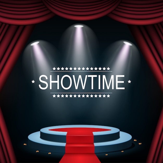 Showtime-banner mit podium und vorhang von scheinwerfern beleuchtet Premium Vektoren