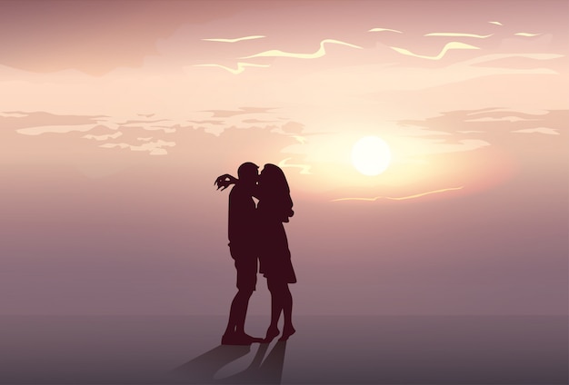 Silhouettieren Sie Romantische Paar Umarmung Bei Sonnenuntergang Liebhaber Mann Und Frauenkuss Premium Vektor