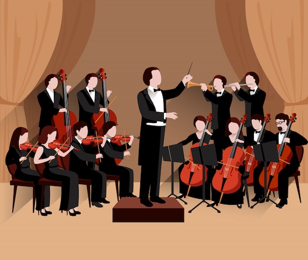 Sinfonieorchester mit dirigiergeigen violoncello und trompetenmusikern Kostenlosen Vektoren