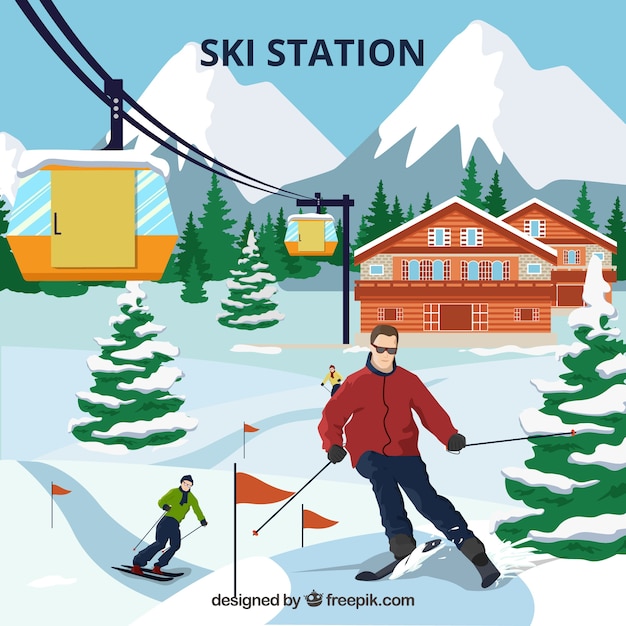 Ski Resort Design Mit Skifahrer Kostenlose Vektor