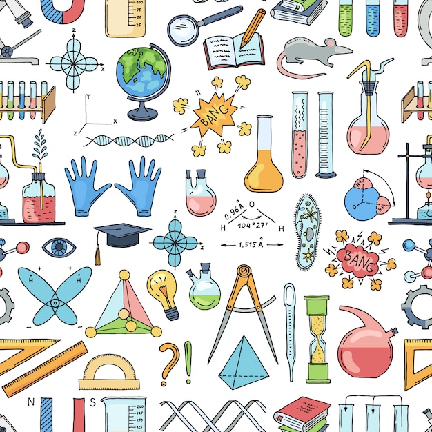 Skizzierte wissenschaft oder chemie elemente muster Premium Vektoren