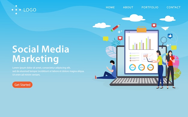 Social media-marketing, websiteschablone, überlagert, einfach zu redigieren und besonders anzufertigen, illustrationskonzept Premium Vektoren