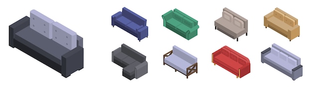 Sofa-icon-set. isometrischer satz sofavektorikonen für das webdesign lokalisiert auf weißem hintergrund Premium Vektoren