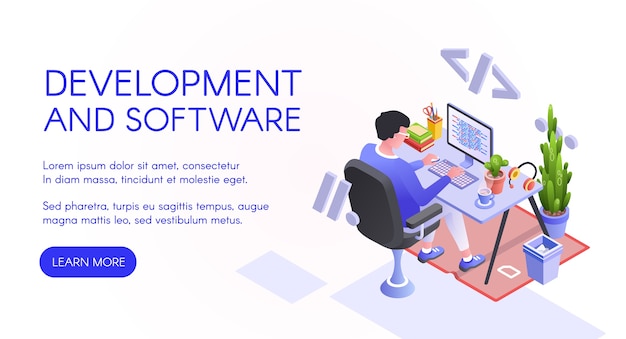 Softwareentwicklungsillustration des web-entwicklers oder des programmierers am computer. Kostenlosen Vektoren