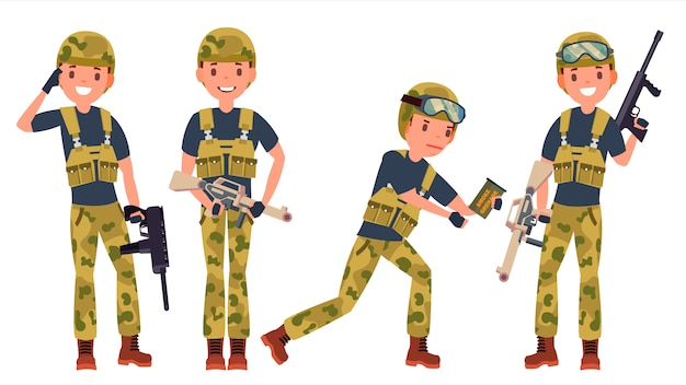 Soldat männlicher zeichensatz Premium Vektoren