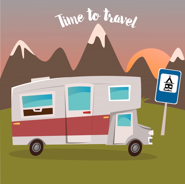 Sommer camp. mann und frau sitzen in der nähe des wohnmobils. zeit zu reisen. vektor-illustration Premium Vektoren