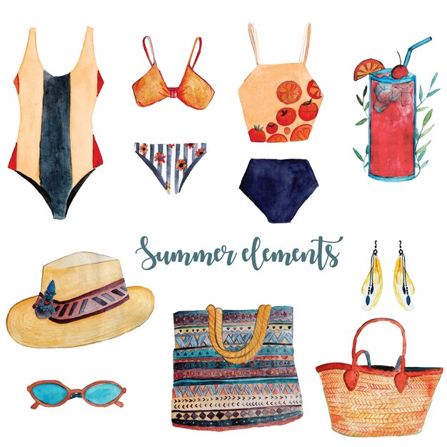 Sommer zubehör aquarell elemente Premium Vektoren