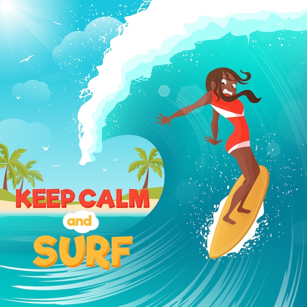 Sommerferien, die flaches buntes plakat surfen Kostenlosen Vektoren