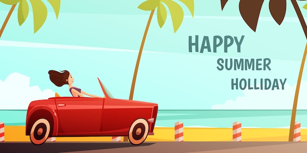Sommerferien-tropeninselferien-weinleseplakat mit dem mädchen, das retro- rotes cabrio automobil fährt Kostenlosen Vektoren