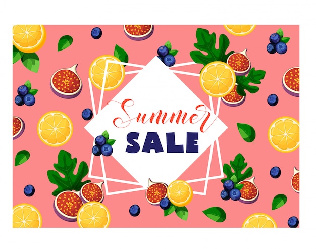 Sommerschlussverkauffahne mit früchten und beeren zitrone, feigen, blaubeeren, blättern, rahmen und text auf rosa. Premium Vektoren