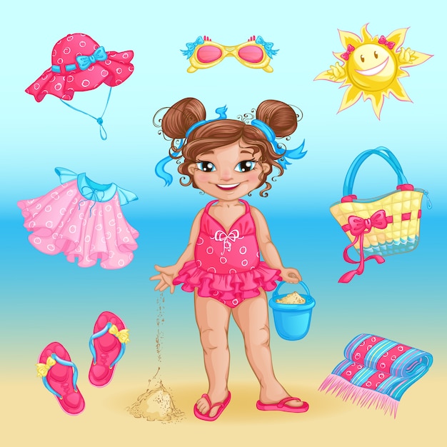 Sommerstrandeinzelteile und nettes kleines mädchen. Premium Vektoren
